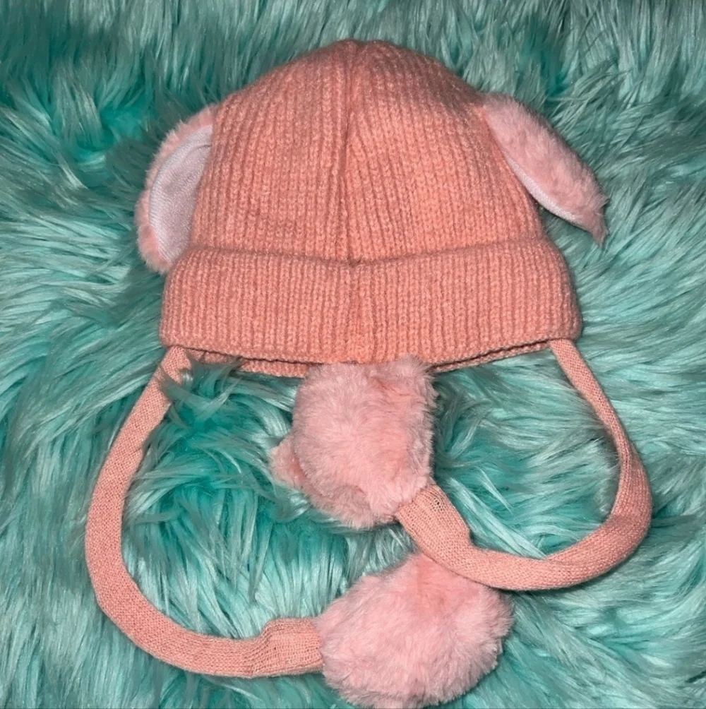Hello Kitty Pink Knit Beanie with Pom Poms and Red Glitter Bow EARS MOVE! NEW!